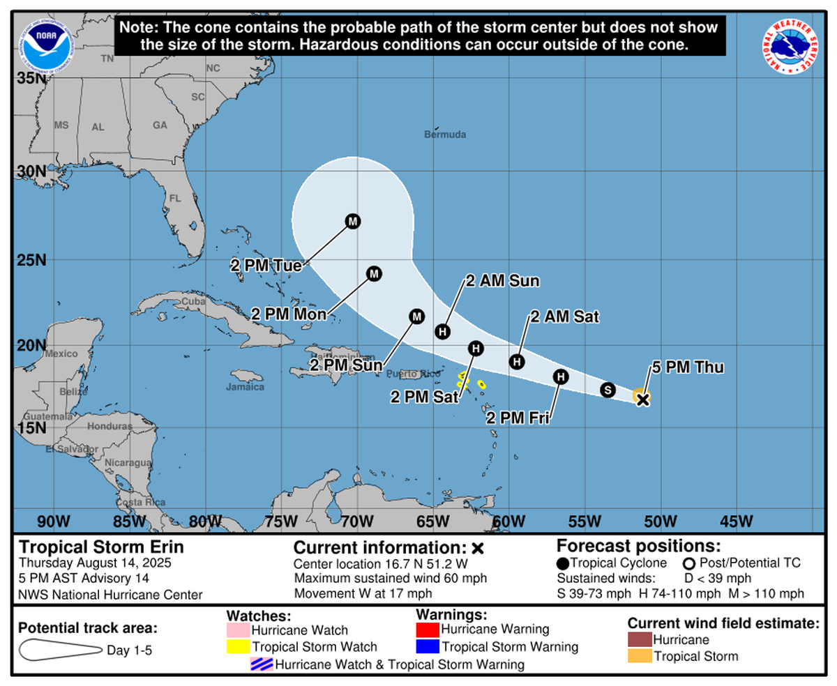 The Leeward Islands are under a tropical storm watch as Tropical Storm Erin continues to strengthen.