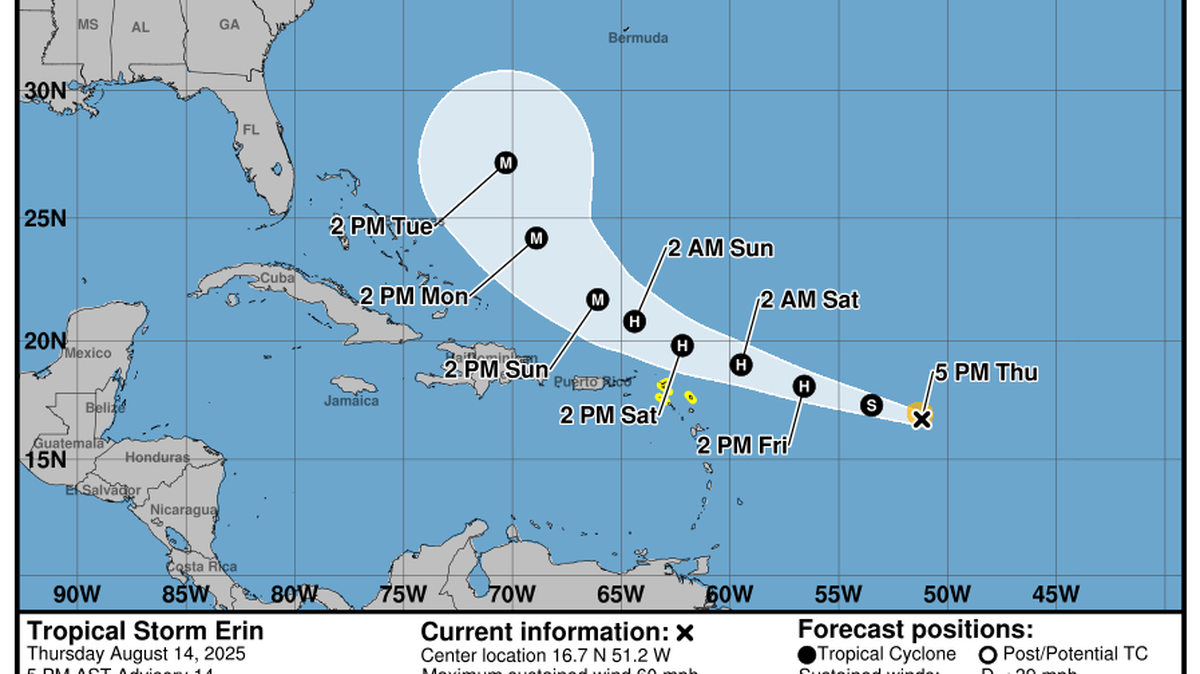 The Leeward Islands are under a tropical storm watch as Tropical Storm Erin continues to strengthen.