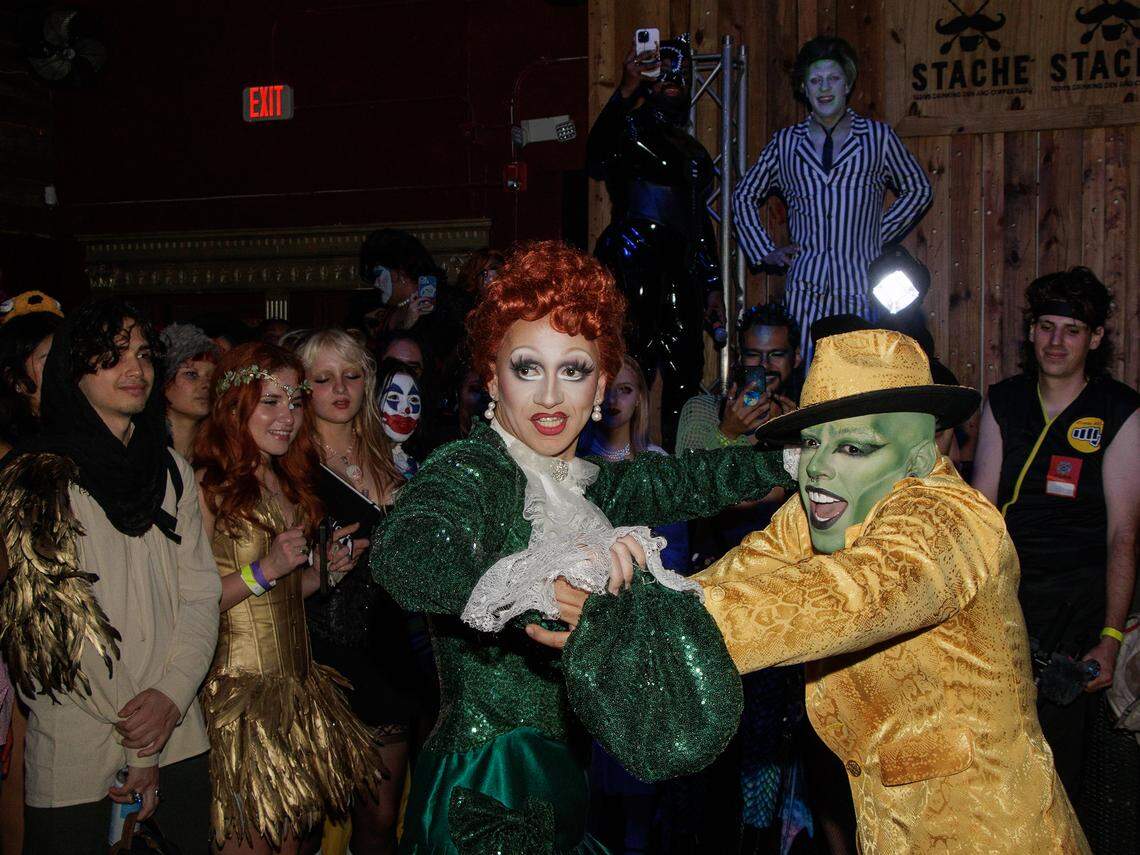 Drag performers Suzie Toot (left) and King Vyper (right) perform to “Cuban Pete” on Halloween in 2023. Two years later, Toot appeared on the popular drag competition show “RuPaul’s Drag Race” and placed fifth.