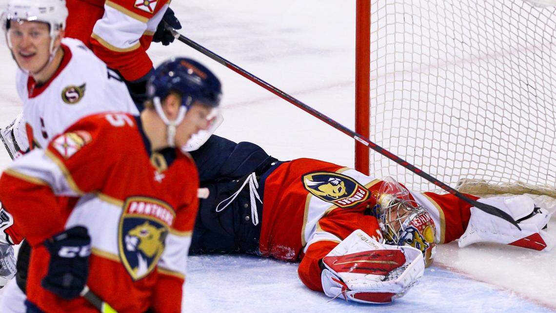 Florida Panthers goalie Spencer Knight (30) reacts after giving up a point during the third period of an NHL game against the Ottawa Senators at FLA Live Arena in Sunrise, Florida, on Tuesday, December 14, 2021. The Panthers lost to the Senators 8-2, allowing the biggest loss of the season.