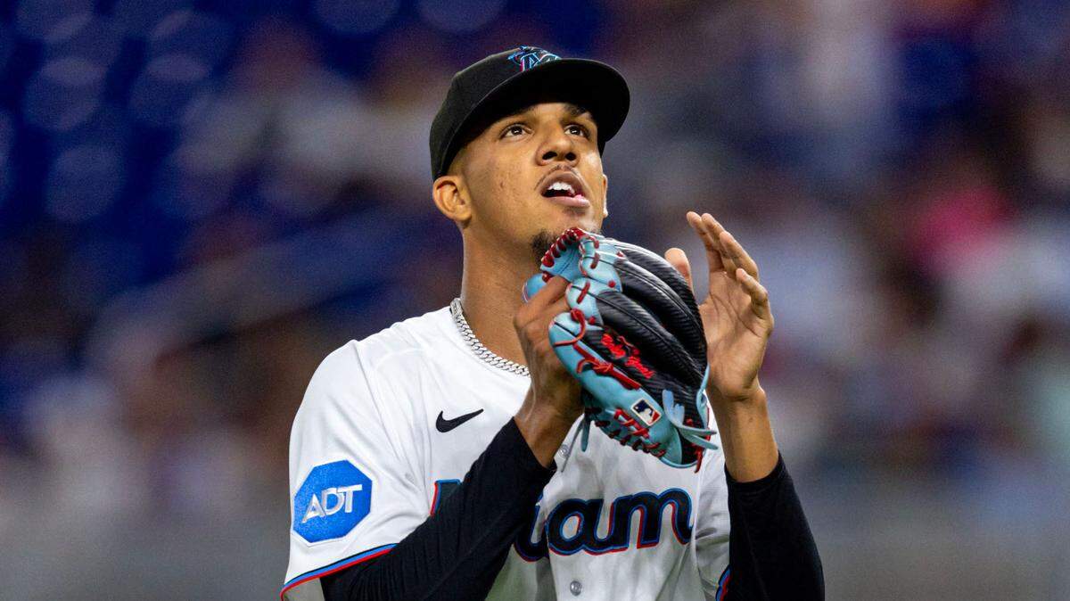 Miami Marlins pitcher Eury Perez (39) reacts after the fourth inning of an MLB game against the St. Louis Cardinals at loanDepot park in the Little Havana neighborhood of Miami, Florida, on Thursday, July 6, 2023.