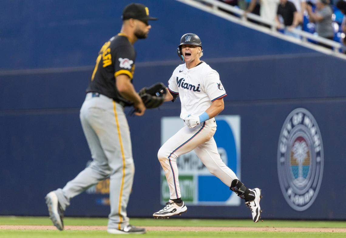 Miami Marlins outfielder Kyle Stowers (28) reacts after hitting a walk-off single against the Pittsburgh Pirates in the ninth inning of their Opening Day MLB game at loanDepot park on Thursday, March 27, 2025, in Miami, Fla.
