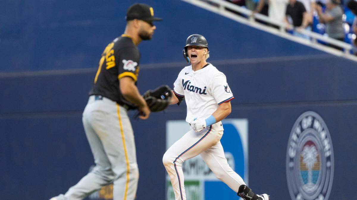 Miami Marlins outfielder Kyle Stowers (28) reacts after hitting a walk-off single against the Pittsburgh Pirates in the ninth inning of their Opening Day MLB game at loanDepot park on Thursday, March 27, 2025, in Miami, Fla.