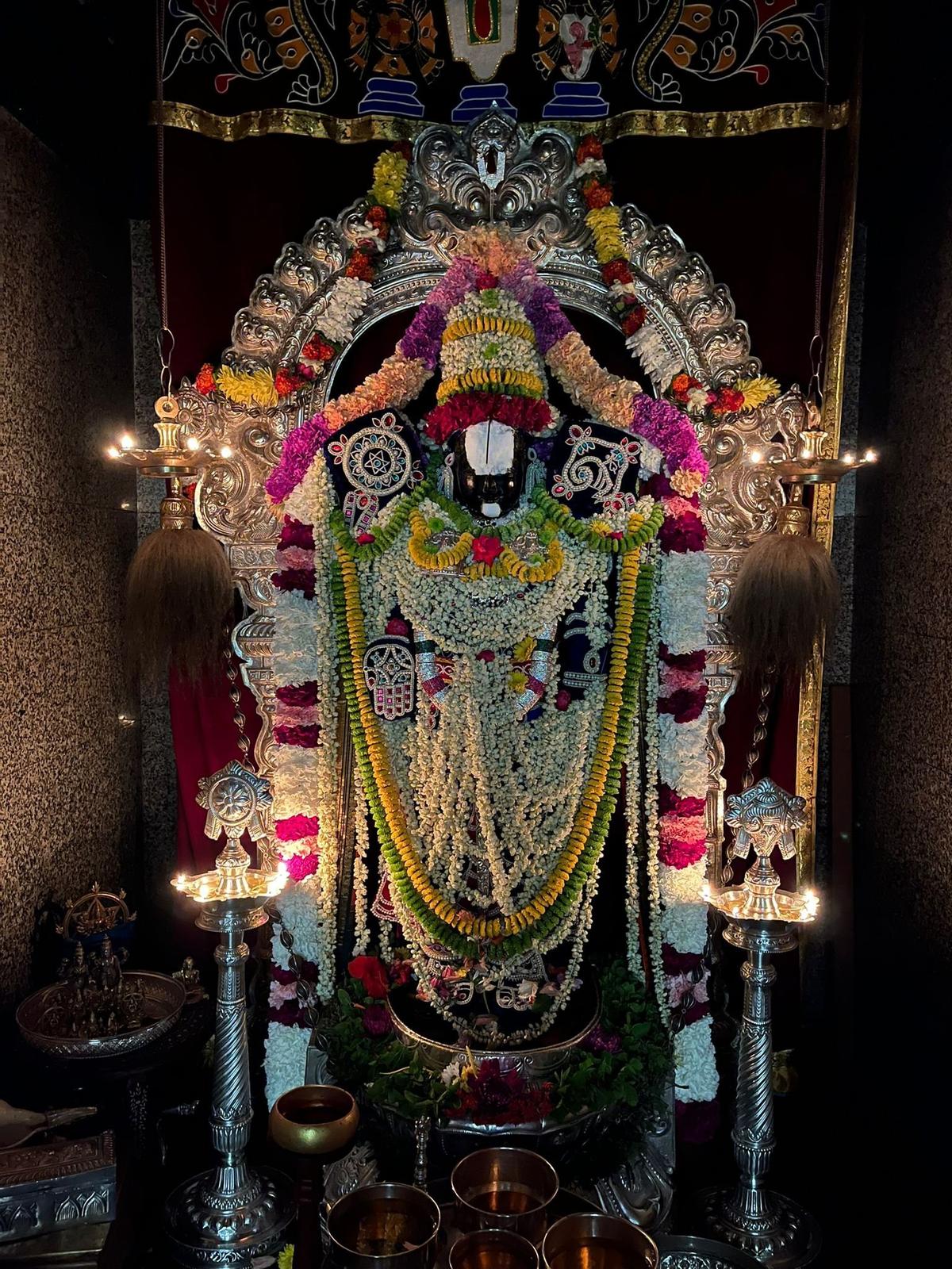 Venkateswara, a Hindu deity, described as a form of the god Vishnu, is placed inside the Shiva Vishnu Temple of South Florida.