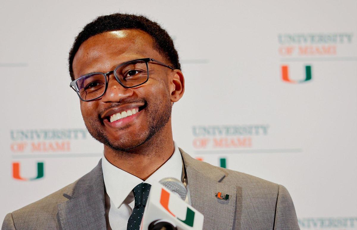 Jai Lucas is introduced as the new men’s basketball coach at the University of Miami on March 10, 2025. He replaces Jim Larranaga, who was the winningest coach in program history and led the Hurricanes to the 2022 Elite Eight and 2023 Final Four.