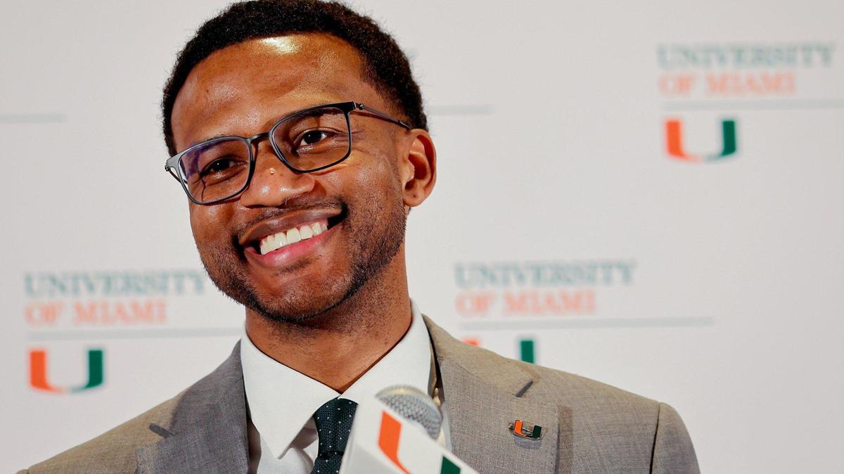 Jai Lucas is introduced as the new men’s basketball coach at the University of Miami on March 10, 2025. He replaces Jim Larranaga, who was the winningest coach in program history and led the Hurricanes to the 2022 Elite Eight and 2023 Final Four.