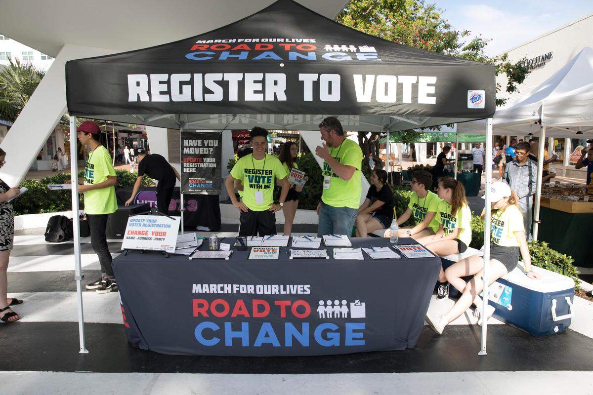 A tent set up by student activists from Marjory Stoneman Douglas High School and March for Our Lives on Lincoln Road in Miami Beach, on Sunday, June 24, 2018. The group’s South Beach event was the first stop on the Florida leg of their “Road to Change” tour,  where they aim to educate Floridians, across all 27 congressional districts about gun violence, and register voters before mid-term elections.  