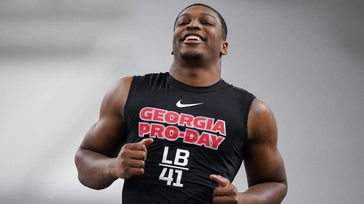 Channing Tindall runs football drills during Georgia’s Pro Day on Wednesday, March 16, 2022, in Athens, Ga.