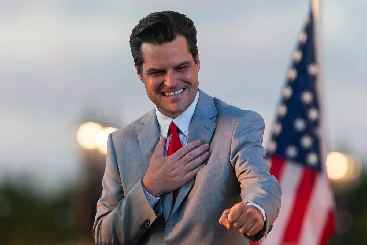 U.S. Representative Matt Gaetz greets attendees after speaking at the “Save America Summit” at the Trump National Doral Resort in Doral, Florida, on Friday, April 9, 2021.