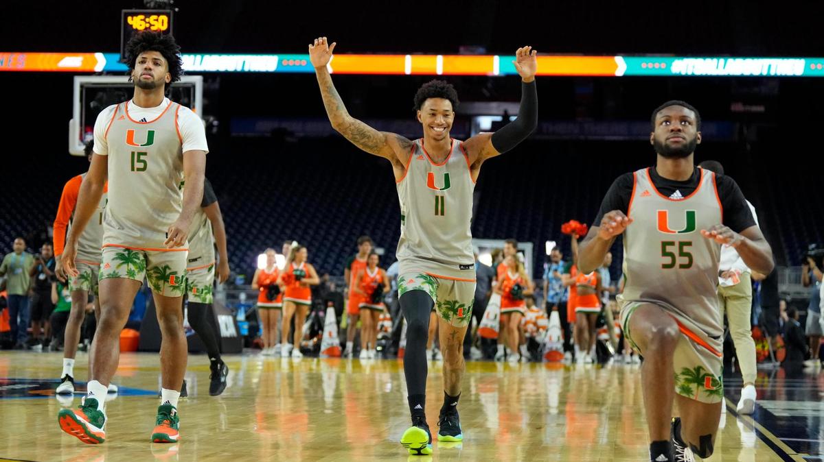 Mar 31, 2023; Houston, TX, USA; Miami Hurricanes players including forward Norchad Omier (15) , guard Jordan Miller (11) and guard Wooga Poplar (55) during a practice session the day before the Final Four of the 2023 NCAA Tournament at NRG Stadium. Mandatory Credit: Robert Deutsch-USA TODAY Sports