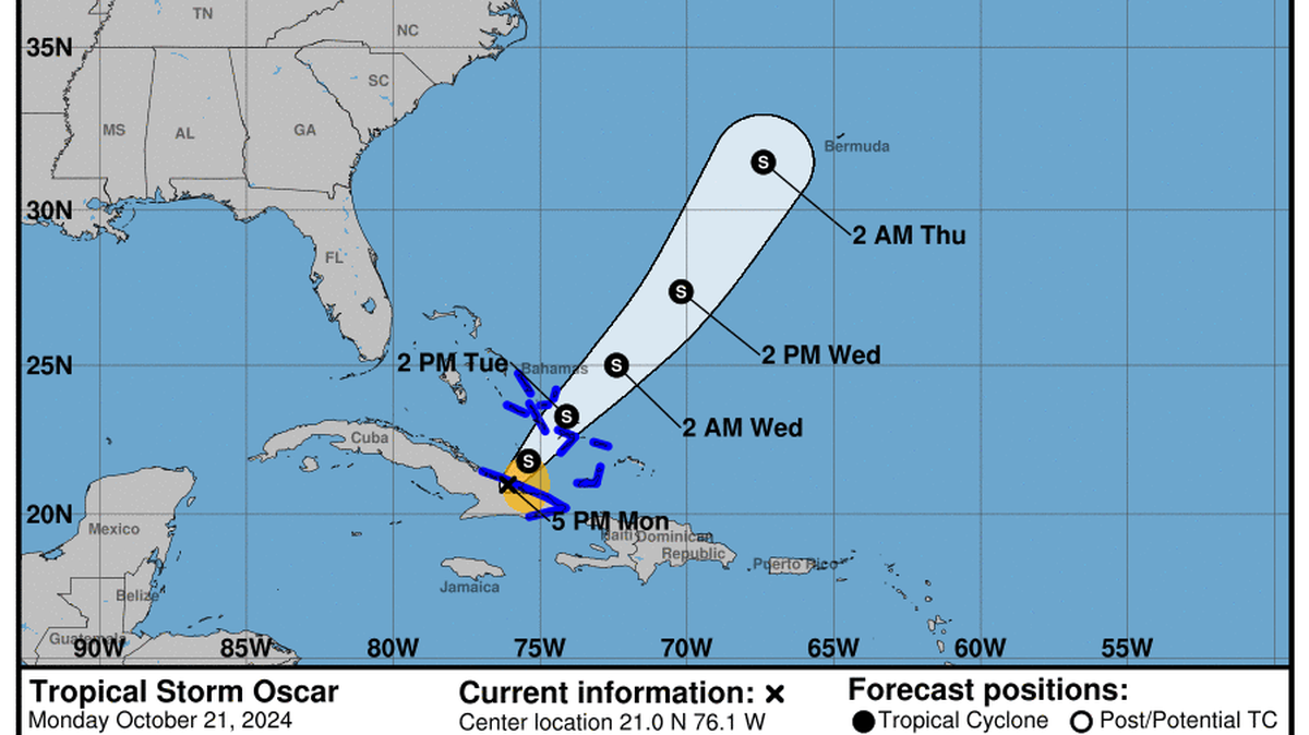 Tropical Storm Oscar, currently crouched over east Cuba, is expected to strike the Bahamas next.