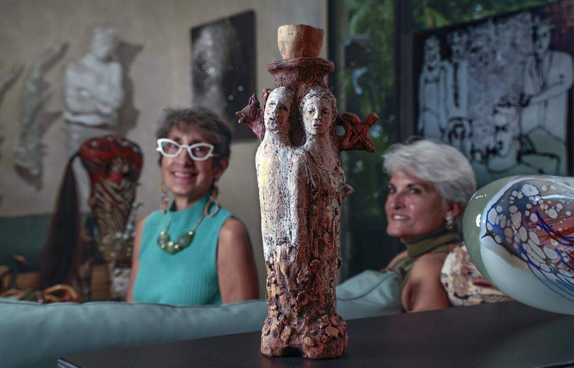 Donna Kass and Lisa Palley with their parents' art collection in the Palley family home in East Kendall on Wednesday, Sept. 10, 2025.