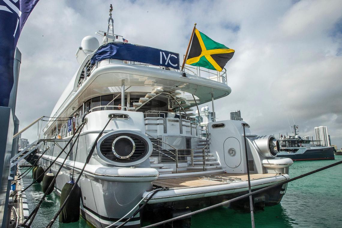 View of The Thunder superyacht docked at Island Gardens Marina and for sale for $8.8 million during the Miami International Boat Show 2022.