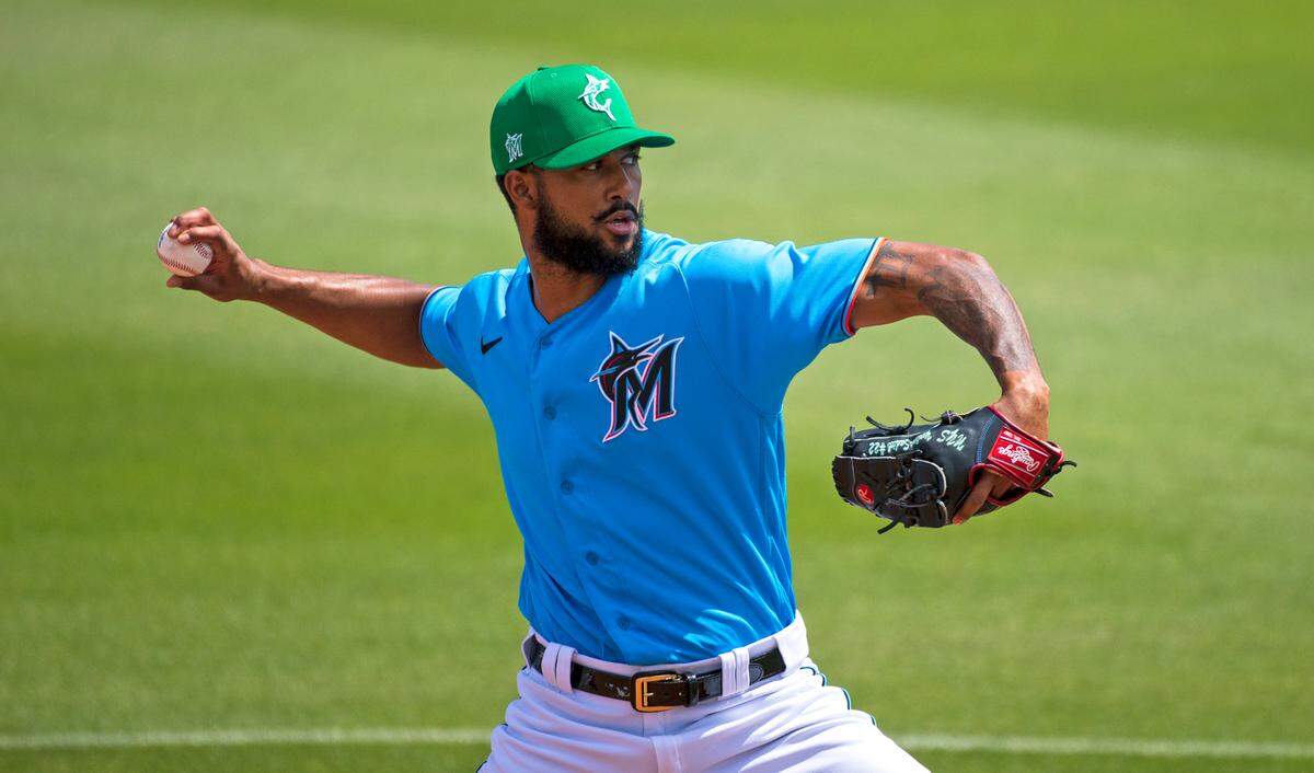 Miami Marlins pitcher Sandy Alcantara (22) practice before the start of their spring training baseball game against the New York Mets at Roger Dean Chevrolet Stadium on Wednesday, March 17, 2021 in Jupiter, Florida.