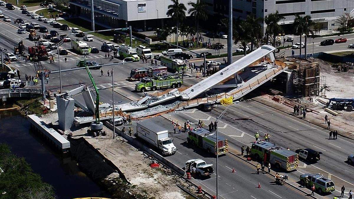 An aerial view of the crumpled bridge at Southwest Eighth Street and 109th Avenue, in front of Florida International University’s main campus, on March 15, 2018. The collapse left six people dead, including an FIU student.