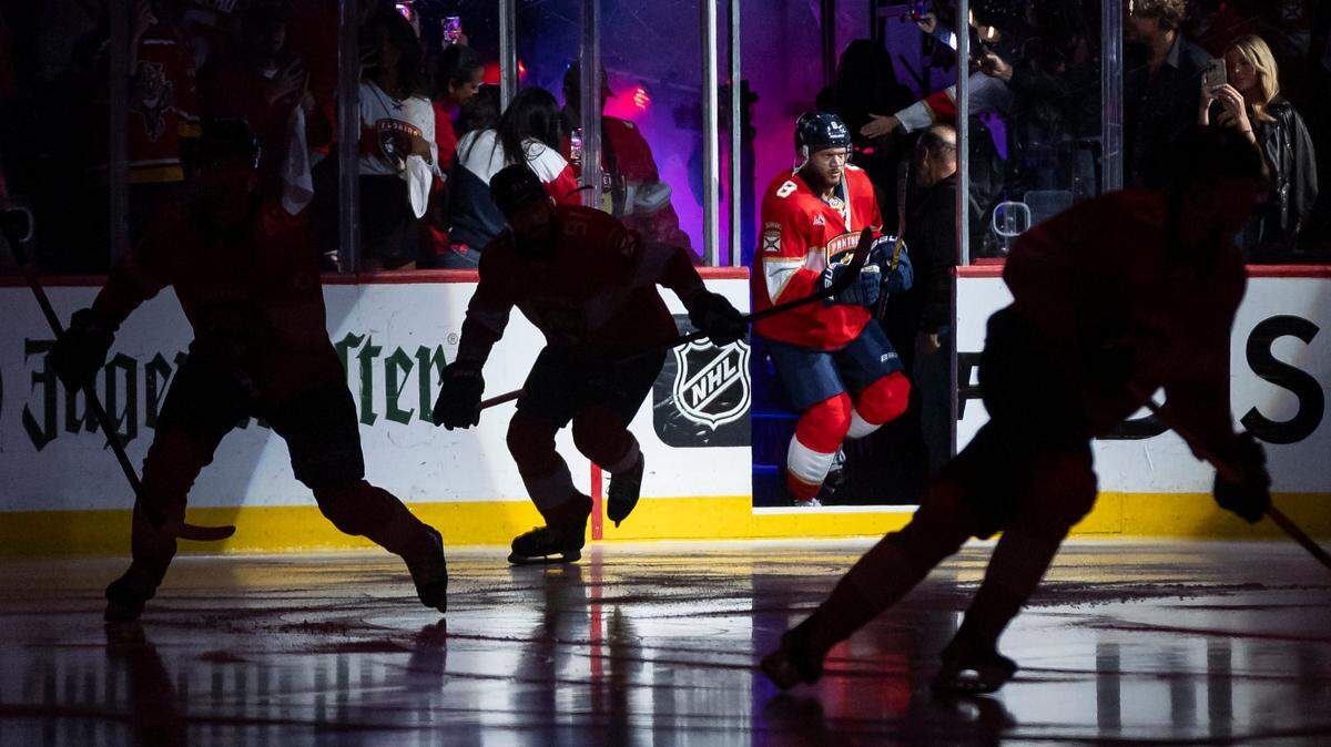 Florida Panthers right wing Kyle Okposo (8) takes to the ice with his teammates before playing against the New York Rangers in Game 6 during the Eastern Conference finals of the NHL hockey Stanley Cup playoffs at the Amerant Bank Arena on Saturday, June 1, 2024, in Sunrise, Fla.