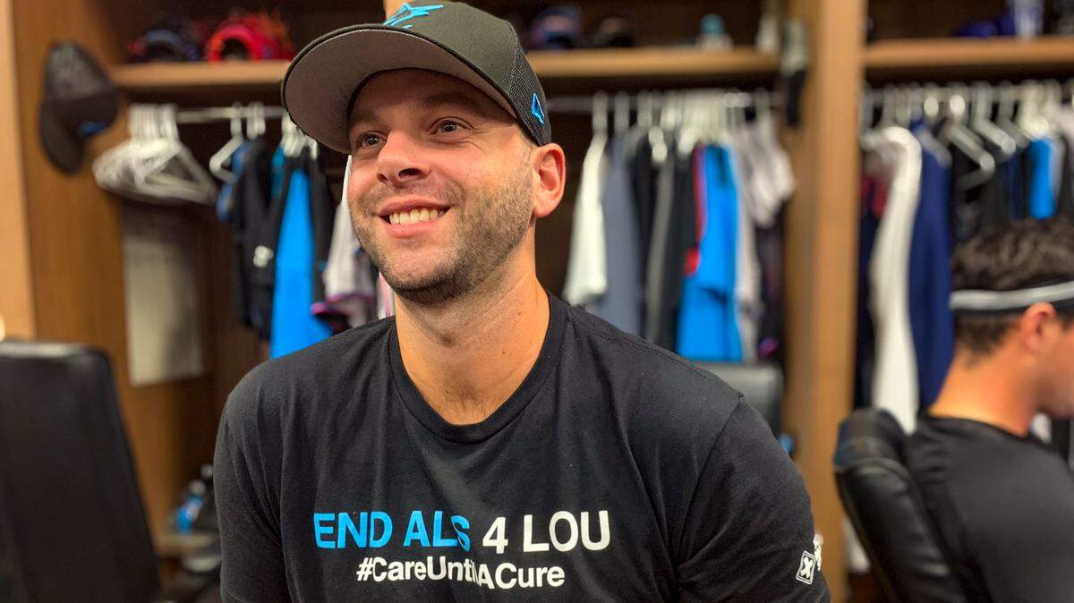 Miami Marlins reliever Tommy Nance wearing an “End ALS 4 Lou” shirt on Sunday, May 29, 2022.