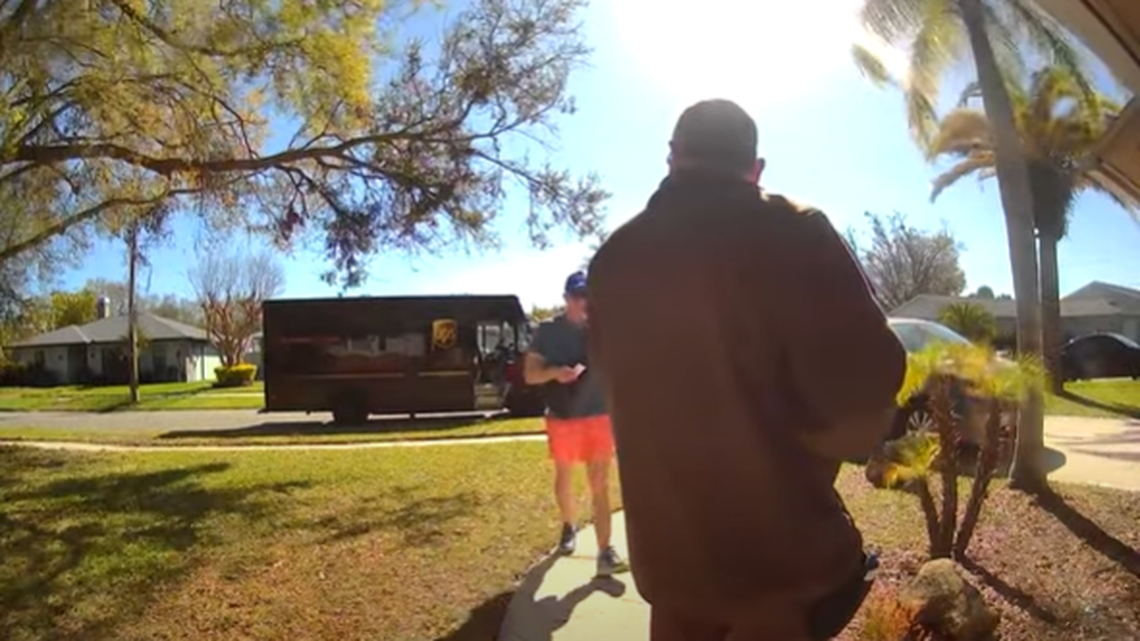 The suspect (left) used a fake ID to convince a UPS delivery man to hand over the box of gold bars, investigators say. This image is from doorbell video captured during the incident, officials say.