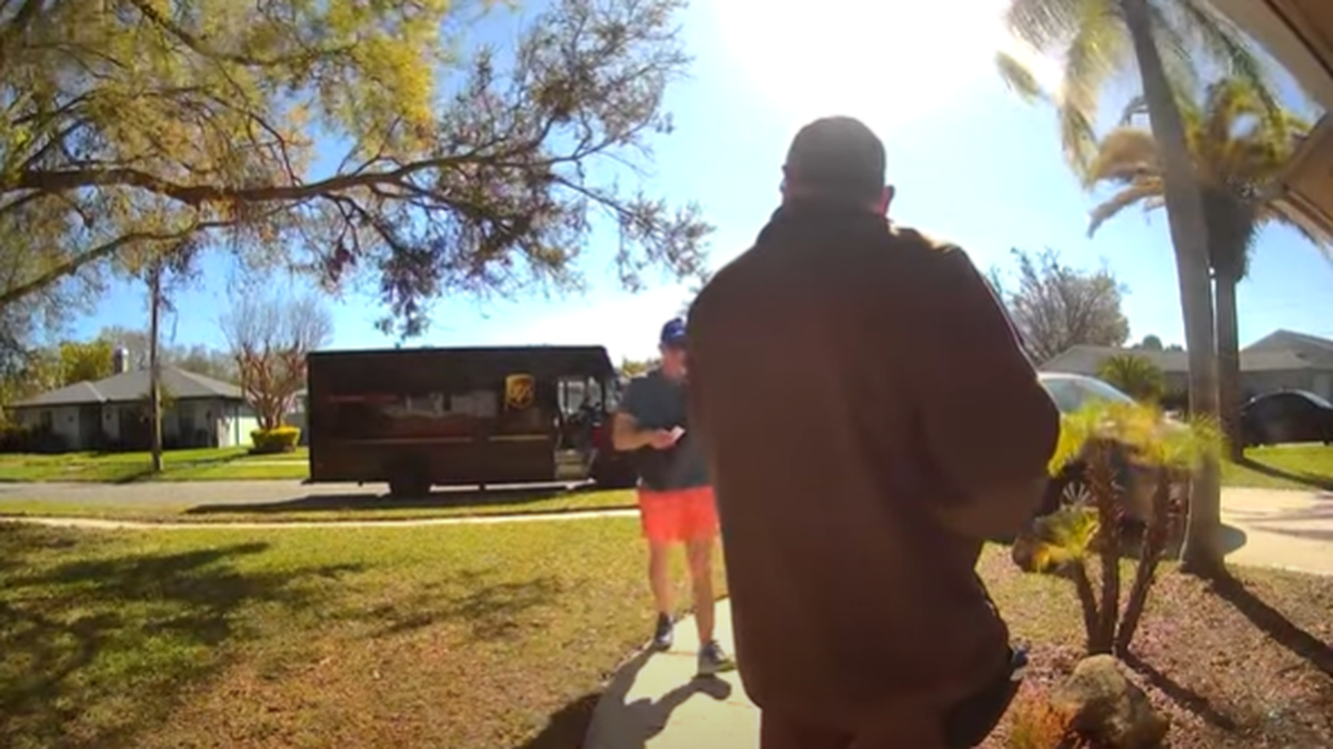 The suspect (left) used a fake ID to convince a UPS delivery man to hand over the box of gold bars, investigators say. This image is from doorbell video captured during the incident, officials say.