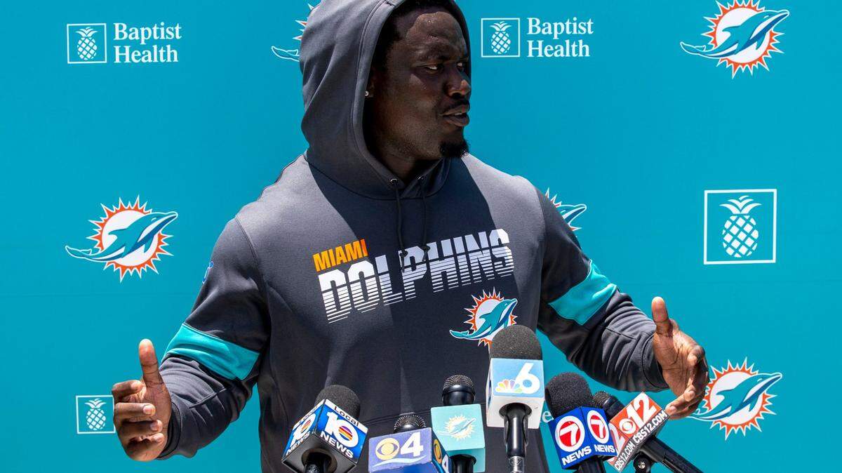 Miami Dolphins linebacker Melvin Ingram lll speaks to the media after the first mandatory practice of the season at Baptist Health Training Complex in Miami Gardens, Florida, on Wednesday, June 1, 2022.