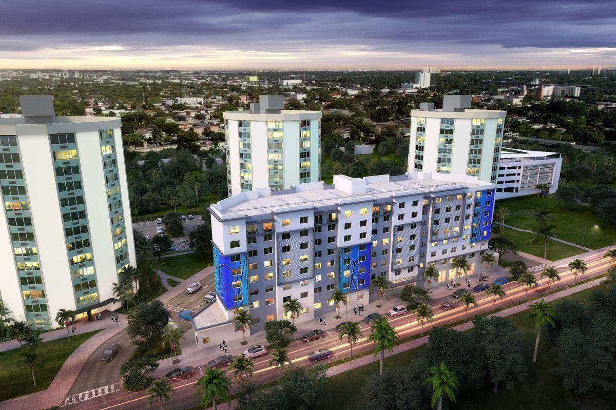 Architectural rendering of Brisas del Este, being developed by The Related Urban Development Group inside an Opportunity Zone in Allapattah. The building is part of the renovation of the aging Three Round Towers affordable housing complex.