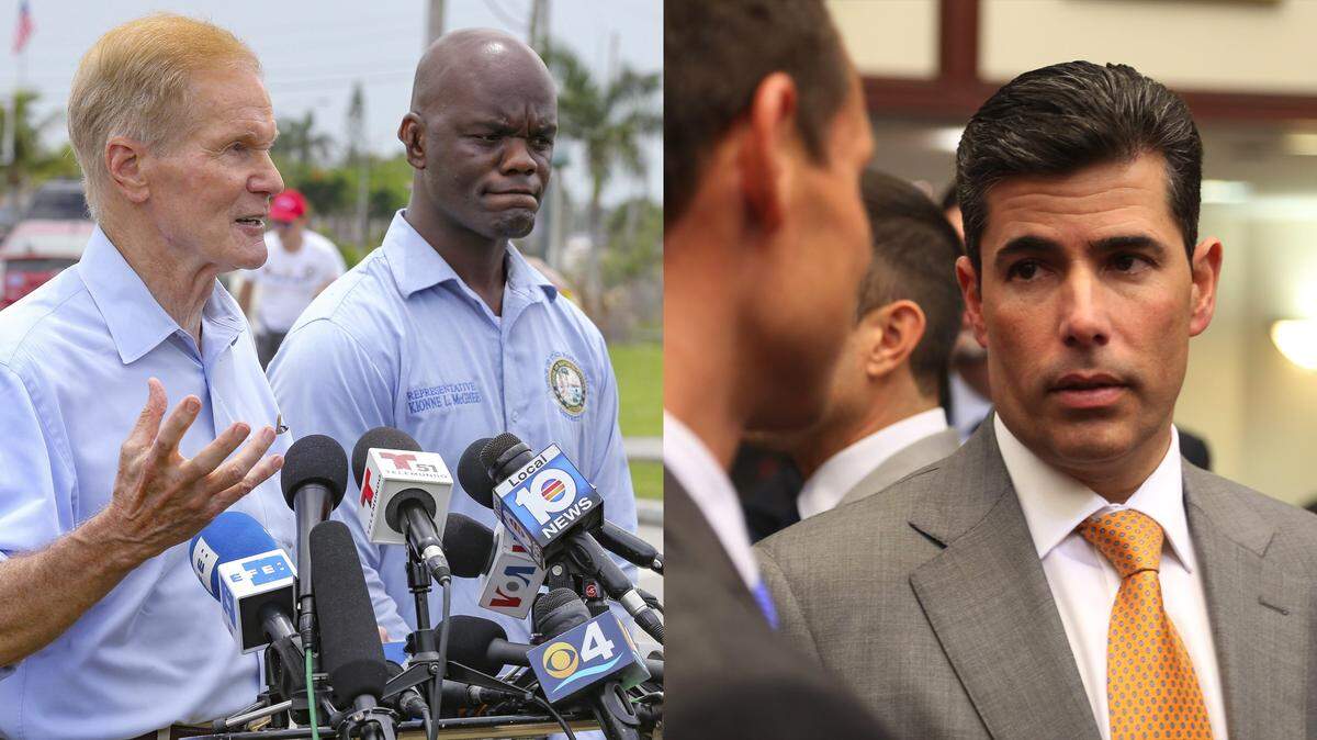 At left, incoming Florida House minority leader Kionne McGhee, right, stands with U.S. Sen. Bill Nelson. At right, incoming Florida House Speaker Jose Oliva.