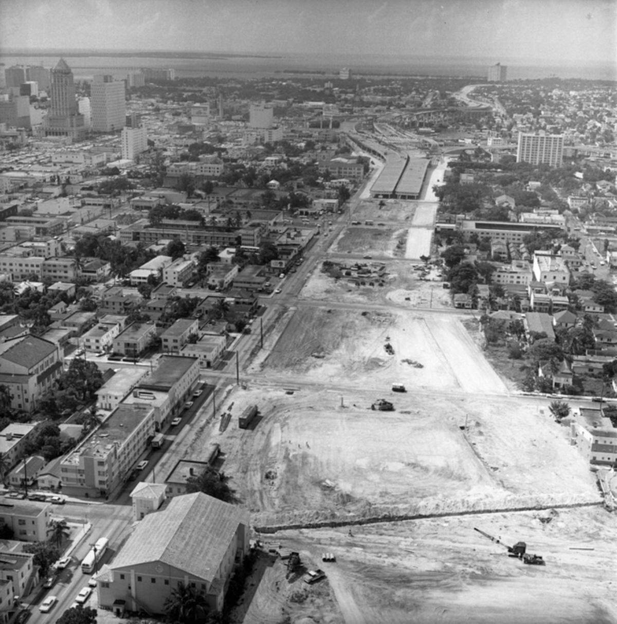 Construction of Interstate 95 pushes north through the heart of historically black Overtown in the 1960s. Downtown Miami is visible at upper left.