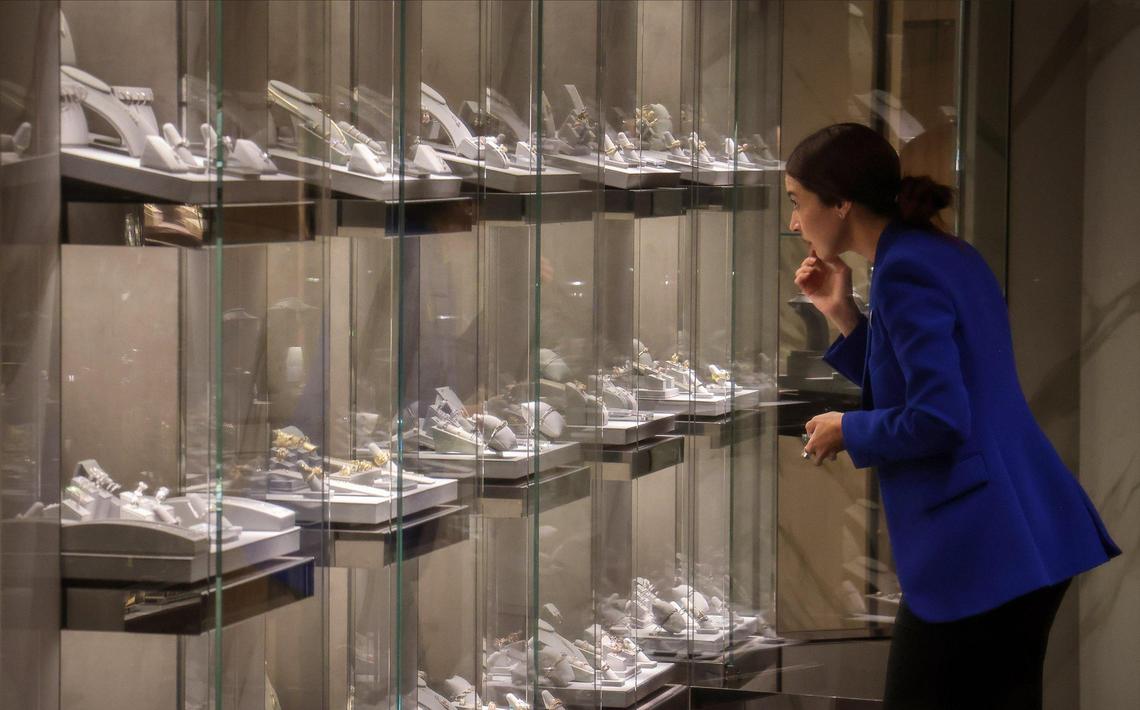 Effy Jewelry manager Carin Bonilla checks the displays prior to opening on MSC World America at Port Miami on Wednesday, April 9, 2025.