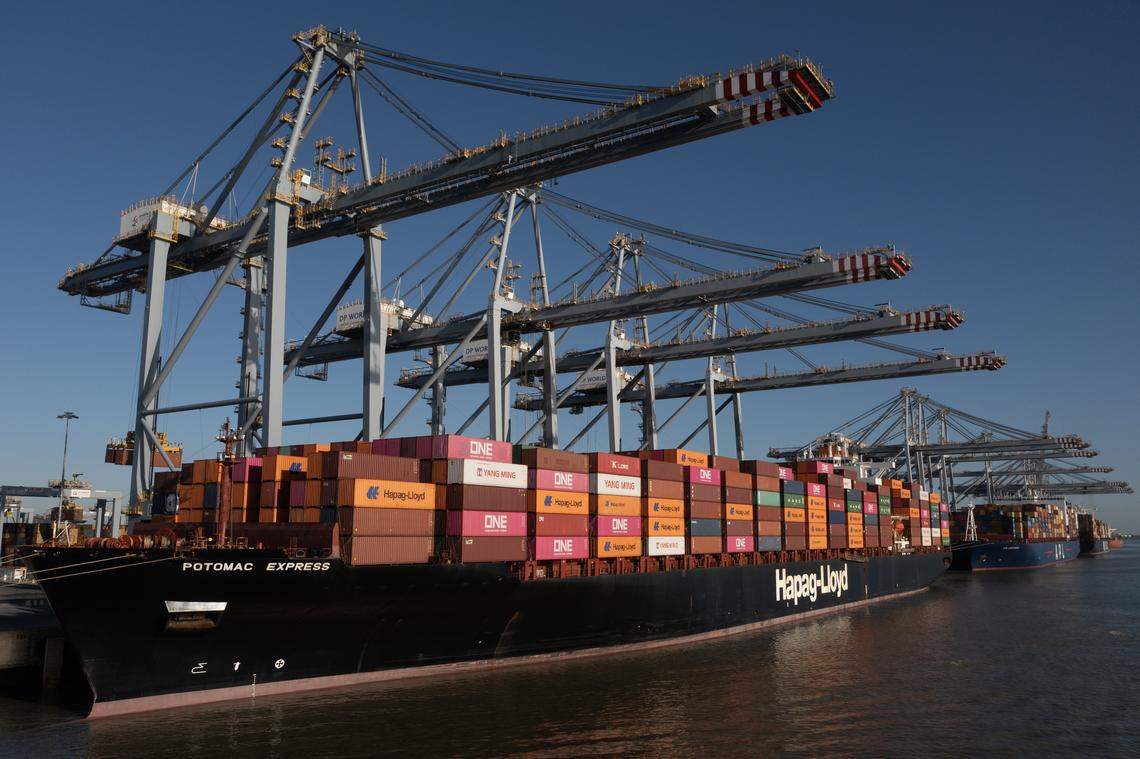 Containers are loaded onto a ship at London Gateway port, operated by DP World PLC on November 26, 2024 in Stanford-le-Hope, England. (Photo by Dan Kitwood/Getty Images)