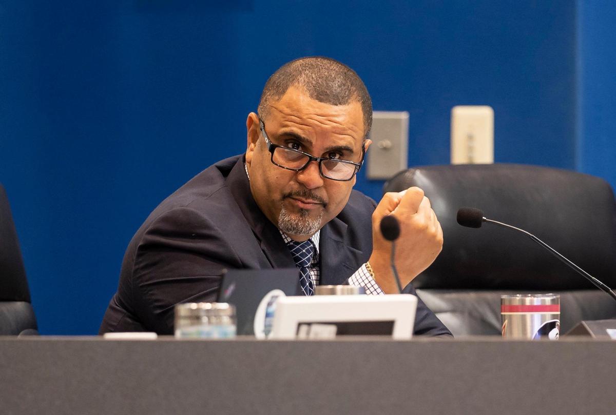 Broward County School Board member Manuel Nandy Serrano speaks during a meeting at the Kathleen C. Wright Administration Center on Monday, Nov. 14, 2022, in Fort Lauderdale, Fla. Serrano initially said he thought the board should honor its decision last month to put Broward Superintendent Vickie Cartwright on a 90-day probationary period. But then he voted to fire her Monday evening in a 5-4 vote.