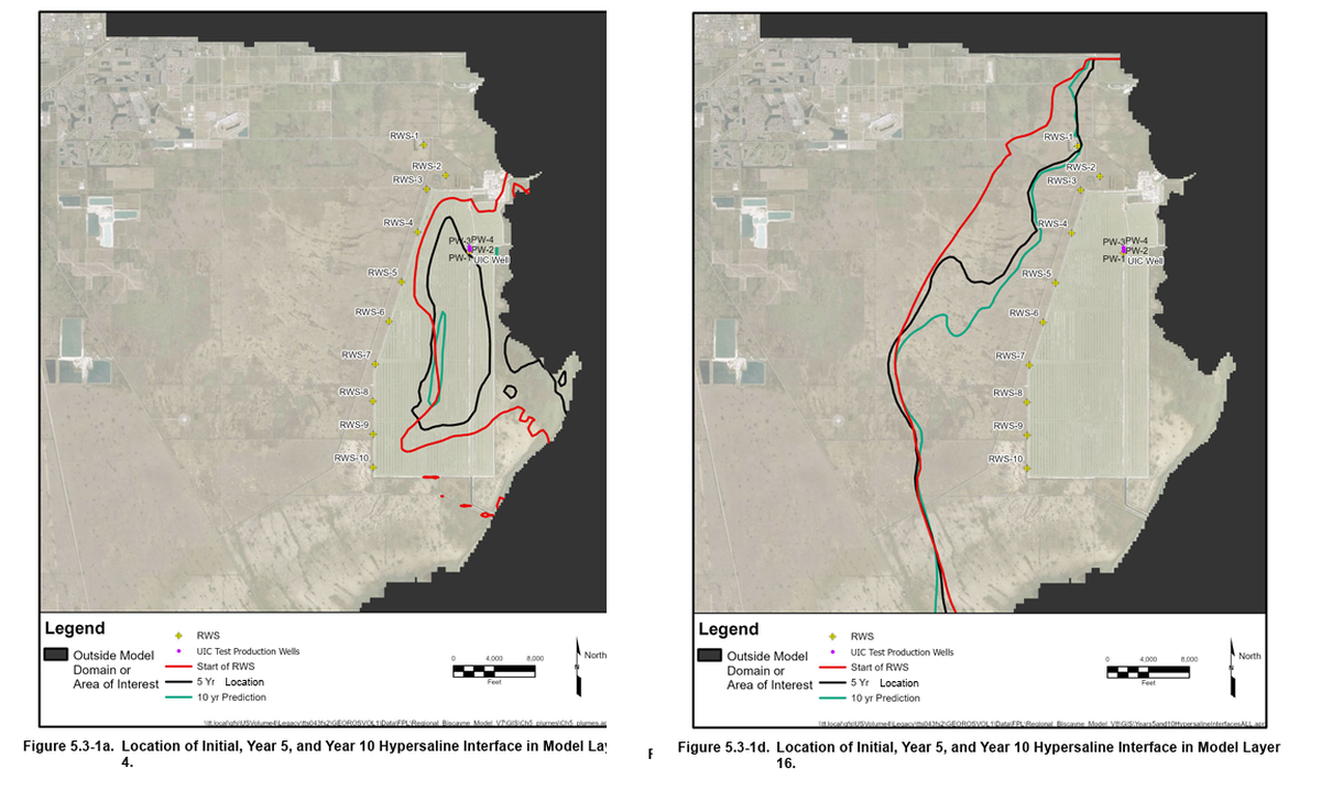 These maps from Florida Power & Light’s 2023 report show the progress at the shallowest and deepest levels of the saltwater plume beneath the cooling canal system at the Turkey Point nuclear power plant.