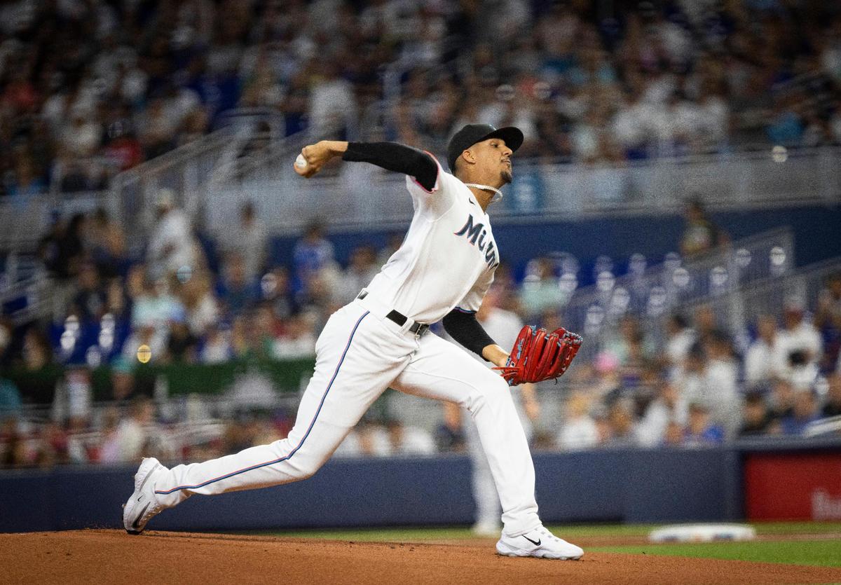 Miami Marlins starting pitcher Eury Pérez (39) pitches the first pitch of the game during the first inning of a baseball game on Sunday, Aug. 13, 2023, at loanDepot Park in Miami.