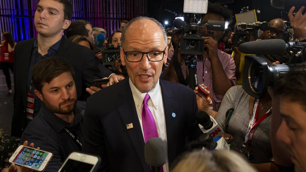 Democratic National Committee Chairperson Tom Perez speaks to the media before the first primary debate for the 2020 elections at the Adrienne Arsht Center for the Performing Arts in downtown Miami on Wednesday, June 26, 2019.