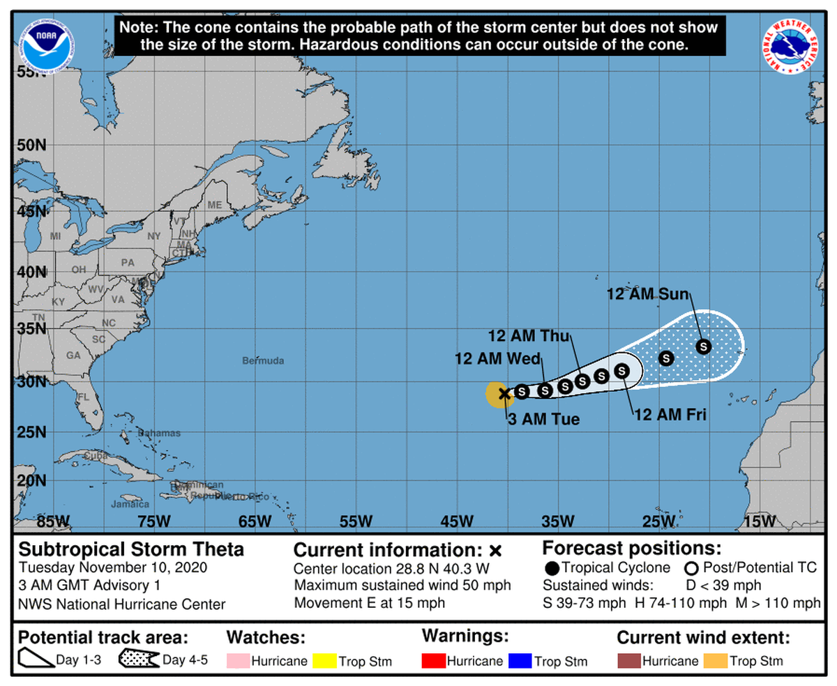 Subtropical Storm Theta formed in the Atlantic Nov. 9, 2020.