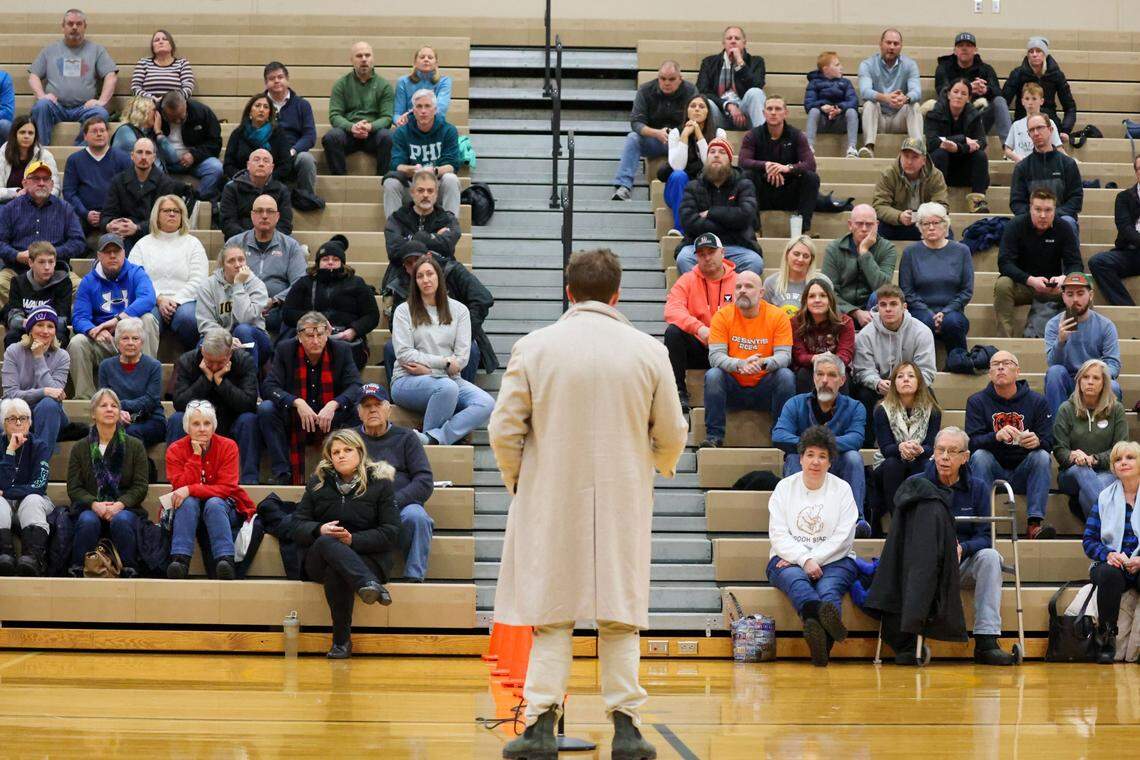 P.J. Farrenkopf, of Belleair, FL, makes a short speech to convince caucus-goers to vote for Ron DeSantis at South Middle School in Waukee, which hosted precincts #5 and #6 during Caucus Night on Monday, Jan 15, 2024.
