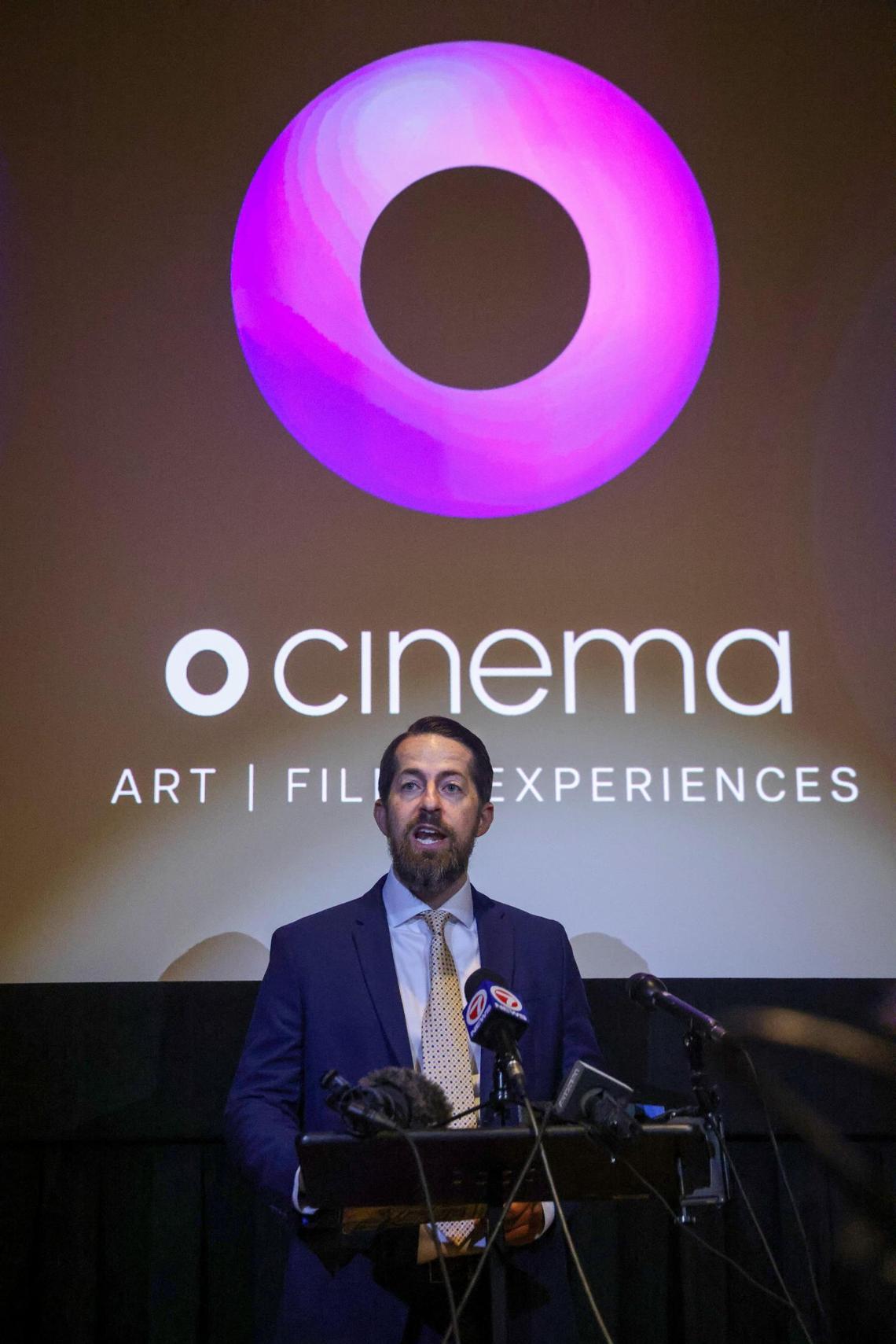Daniel Tilley, legal director for the ACLU of Florida, addresses the city of Miami Beach’s threat to evict and defund O Cinema at a press conference on Tuesday, March 18, 2025.