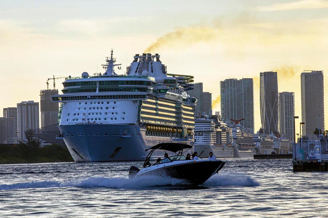 Royal Caribbean International’s Freedom of the Seas cruise ship sets off down Government Cut past South Pointe Park for a simulated voyage leaving from PortMiami in Miami, Florida, on Sunday, June 20, 2021. In accordance with CDC requirements, the purpose of the simulation is to observe the cruise line’s multilayered health and safety measures.