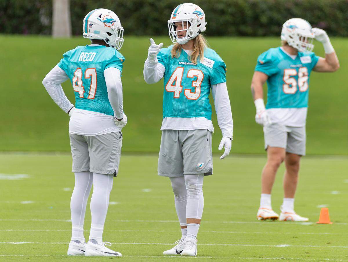 Miami Dolphins linebackers Andrew Van Ginkel (43) talks with Malik Reed (47) talk during team practice at the Baptist Health Training Complex on Wednesday, May 31, 2023, in Miami Gardens, Fla.