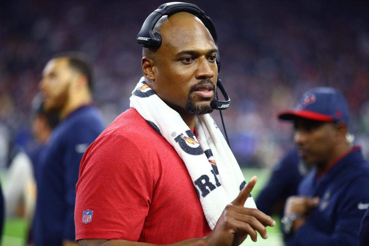 Jan 5, 2019; Houston, TX, USA; Houston Texans defensive line coach Anthony Weaver against the Indianapolis Colts during the AFC Wild Card at NRG Stadium. Mandatory Credit: Mark J. Rebilas-USA TODAY Sports