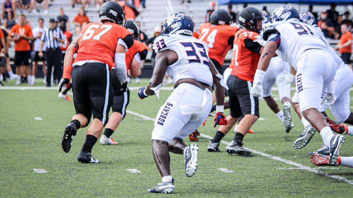 Voted by the coaches as one of his team’s captains, Bobcats linebacker Donnell Bennett III (33) had four solo tackles and three assists to lead St. Thomas University Bobcats (1-1).
