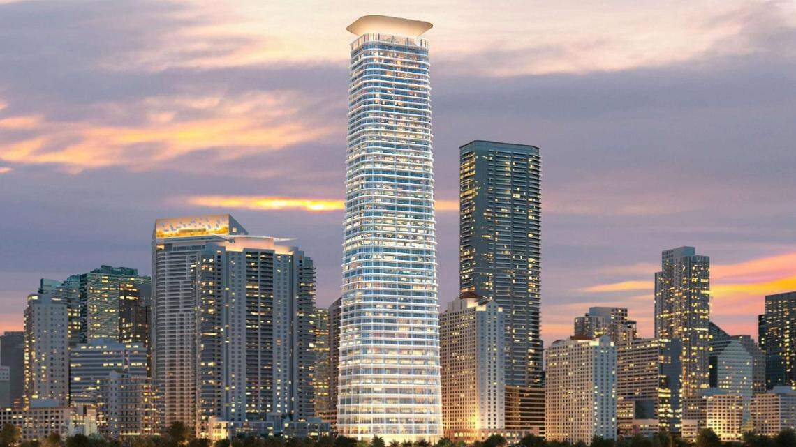 Foster + Partners artistic rendering filed to Miami-Dade County in August 2024 of the design of Ken Griffin’s proposed Citadel 54 story tower at 1201 Brickell Bay Dr. showcasing a changed Miami skyline.