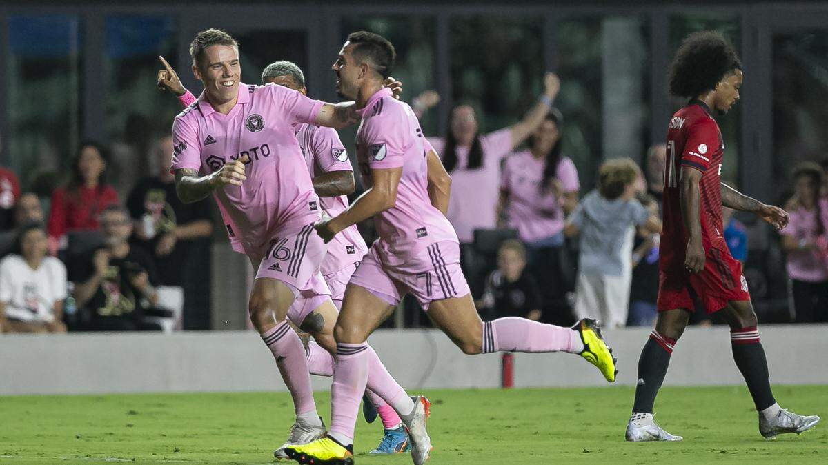 Inter Miami midfielders Jean Mota (7) celebrates with Robert Taylor (16) after scoring a goal against Toronto FC during the first half of an MLS soccer match at DRV PNK Stadium on Saturday, Aug. 20, 2022, in Fort Lauderdale, Fla.