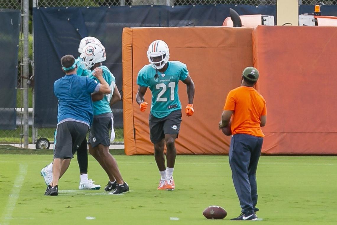 Miami Dolphins cornerback Eric Rowe (21) runs drills during practice at Baptist Health South Florida Training Facility in Davie on Saturday, October 26, 2019.