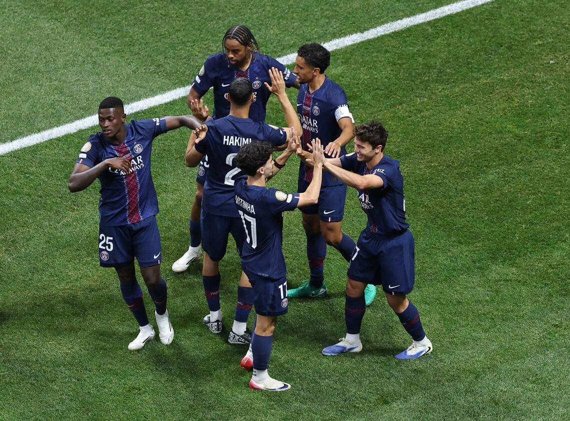 [Subscription Customers Only] Jun 29, 2025; Atlanta, Georgia, USA; Paris Saint-Germain midfielder Joao Neves (87) celebrates scoring their first goal during a round of 16 match of the 2025 FIFA Club World Cup at Mercedes-Benz Stadium. Mandatory Credit: Amanda Perobelli-Reuters via Imagn Images