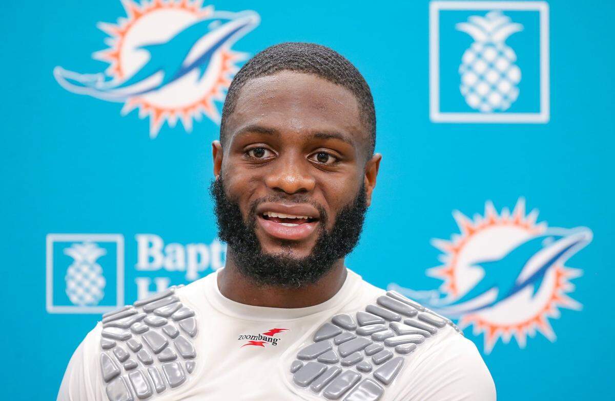 Miami Dolphins cornerback Noah Igbinoghene (9) speaks with reporters after practice at Baptist Health Training Complex in Miami Gardens on Friday, July 29, 2022.