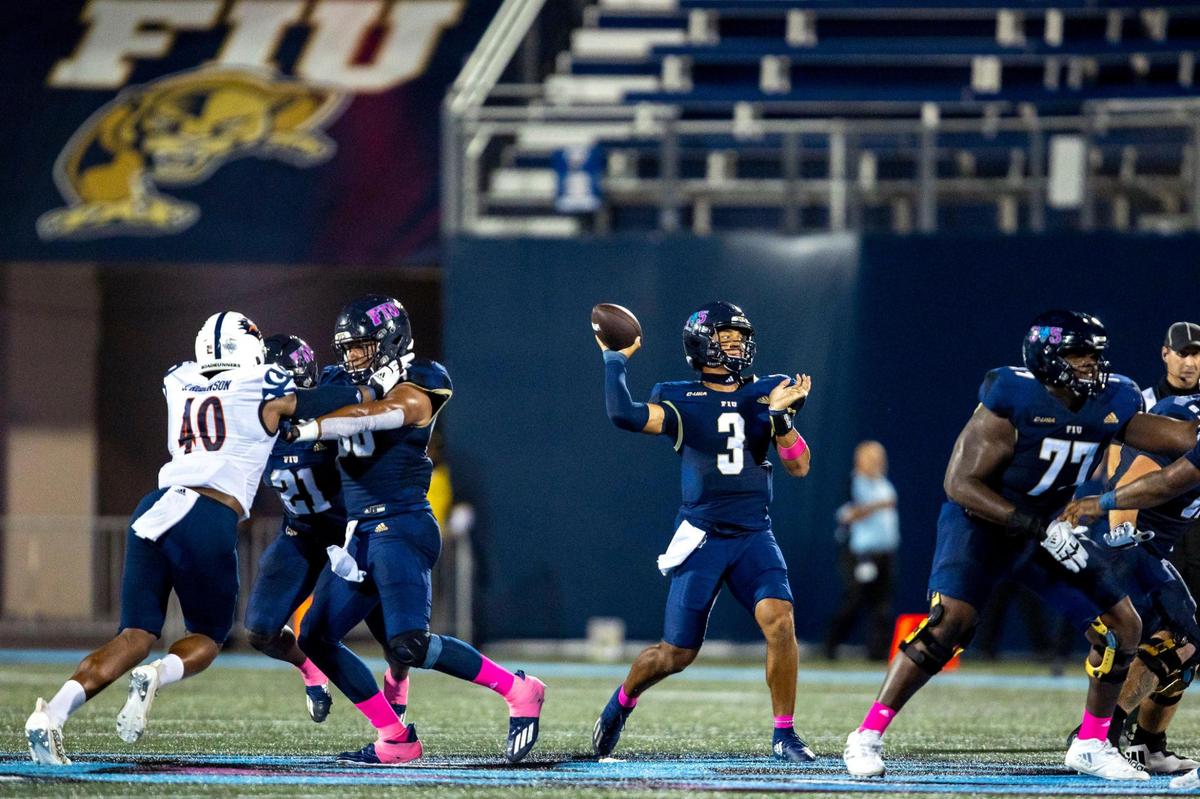Florida International University quarterback Grayson James (3) throws the ball during a NCAA Conference USA football game against Texas San Antonio at Riccardo Silva Stadium in Miami, Florida, on Thursday, September 1, 2022.