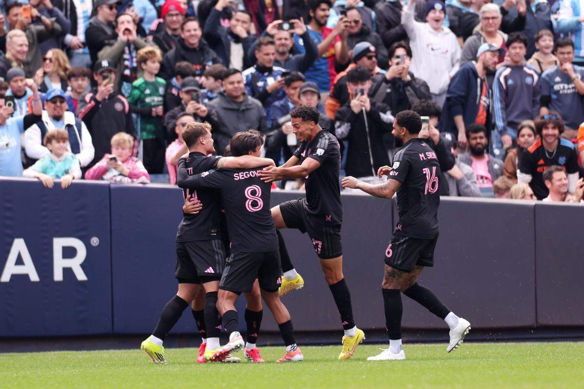 NEW YORK, NEW YORK - MARCH 22: Gonzalo Luján #2 of Inter Miami CF celebrates with teammates after scoring the team's first goal during the MLS match between New York City FC and Inter Miami CF at Yankee Stadium on March 22, 2026 in New York, New York. (Photo by Jordan Bank/Getty Images)