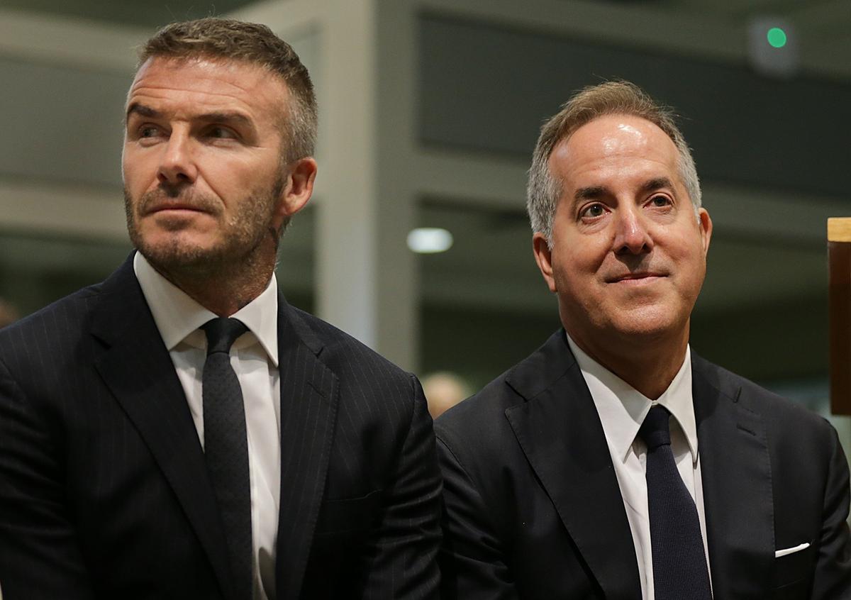 From left, David Beckham and Miami MLS Expansion ownership partner Jorge Mas of MasTec, joined at a public hearing on the possibility of bringing a Major League Soccer stadium to Miami at Miami City Hall on Thursday July 12, 2018.