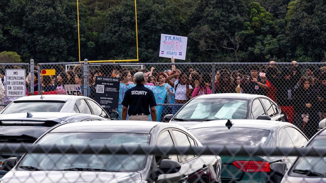 Monarch High School students conduct a walkout on Nov. 28, after the principal, James Cecil, and other staff members were removed pending an investigation.