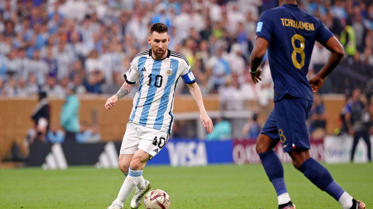 Lionel Messi, Miami-bound, dribbles the ball against France during the first half of the World Cup final at Lusail Stadium in Qatar in December 2022.